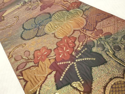 平和屋着物◎六通柄袋帯　ふくれ織　草花文　金糸　正絹　逸品　CABH8489qe