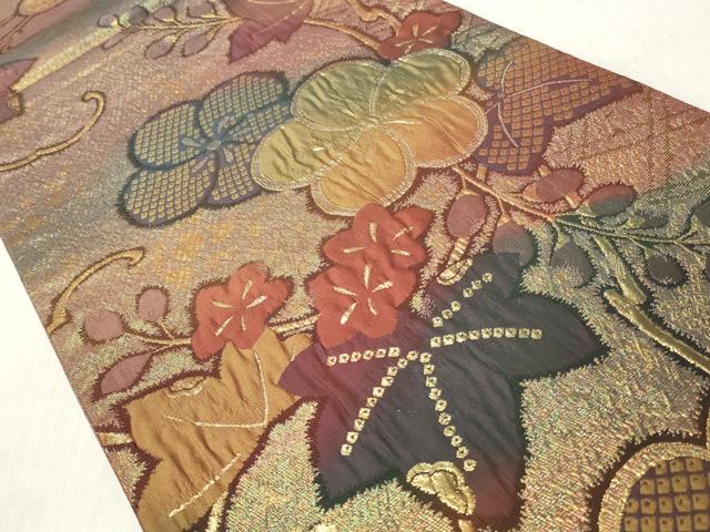 平和屋着物◎六通柄袋帯　ふくれ織　草花文　金糸　正絹　逸品　CABH8489qe