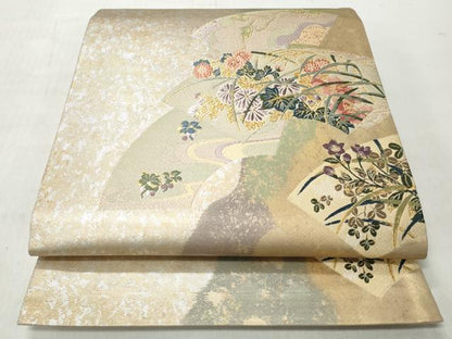 平和屋着物◎六通柄袋帯　唐織　琳派扇散らし　金糸　引箔　正絹　逸品　未使用　CABH8495qe