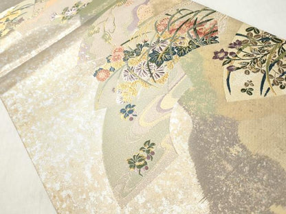 平和屋着物◎六通柄袋帯　唐織　琳派扇散らし　金糸　引箔　正絹　逸品　未使用　CABH8495qe