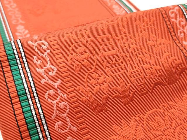 平和屋着物◎本場筑前博多織 半幅帯 陶器花文 証紙付き 正絹 逸品