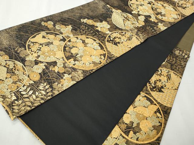平和屋着物◎六通柄袋帯　正倉院蒔絵文　黒地　金糸　正絹　逸品　CABH8594qe