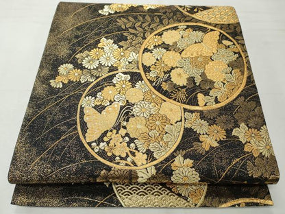平和屋着物◎六通柄袋帯　正倉院蒔絵文　黒地　金糸　正絹　逸品　CABH8594qe