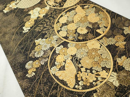 平和屋着物◎六通柄袋帯　正倉院蒔絵文　黒地　金糸　正絹　逸品　CABH8594qe