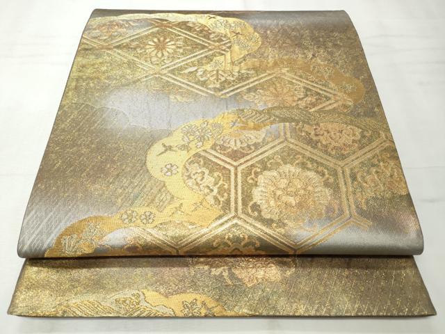 平和屋着物◎六通柄袋帯　雲重ね花菱文　金糸　引箔　正絹　逸品　CABH8596qe