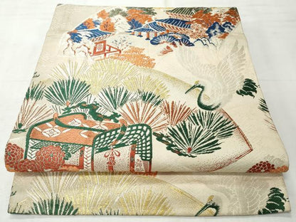平和屋着物◎アンティーク　大正ロマン　丸帯　唐織　地紙飛鶴風景文　金糸　正絹　逸品　CABH8599qe