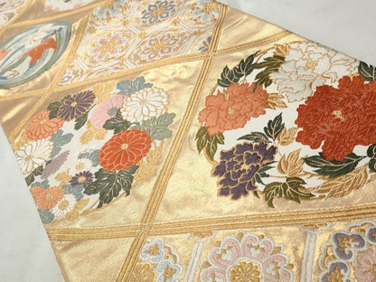 平和屋着物◎六通柄袋帯　唐織　草花菱文　金糸　正絹　逸品　CABH8606qe