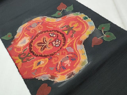 平和屋着物◎八寸名古屋帯　草花文　黒地　正絹　逸品　CABH8611qe