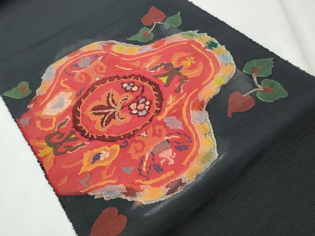 平和屋着物◎八寸名古屋帯　草花文　黒地　正絹　逸品　CABH8611qe