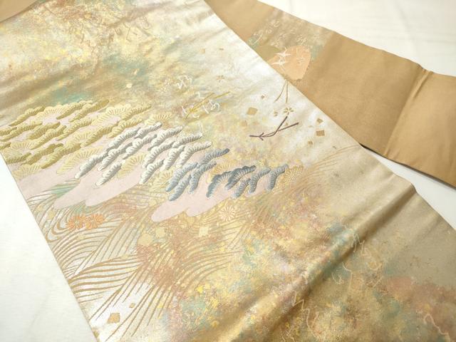 平和屋着物◎創作　全通柄　九寸名古屋帯　型染め　草花動物文様　正絹　逸品　CABH8622qe