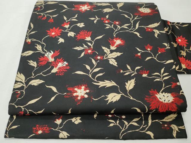 平和屋着物◎九寸名古屋帯　唐織　更紗草花文　黒地　金糸　正絹　逸品　CABH8627qe