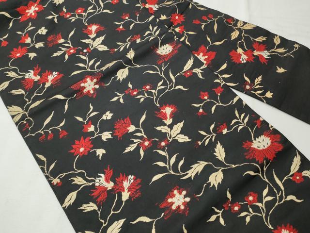 平和屋着物◎九寸名古屋帯　唐織　更紗草花文　黒地　金糸　正絹　逸品　CABH8627qe
