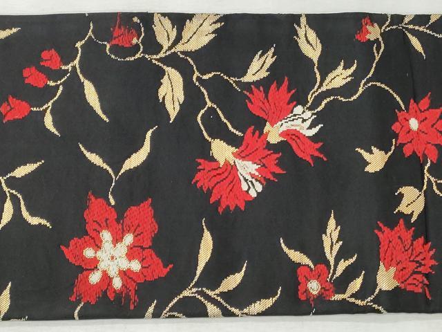 平和屋着物◎九寸名古屋帯　唐織　更紗草花文　黒地　金糸　正絹　逸品　CABH8627qe