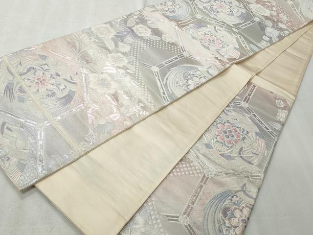 平和屋着物◎六通柄袋帯　唐織　亀甲花鳥文　九百錦　銀糸　正絹　逸品　CABH8631qe