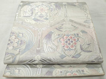 平和屋着物◎六通柄袋帯　唐織　亀甲花鳥文　九百錦　銀糸　正絹　逸品　CABH8631qe
