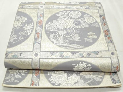 平和屋着物◎六通柄袋帯　唐織　格子花丸文　銀糸　正絹　逸品　CABH8655qe