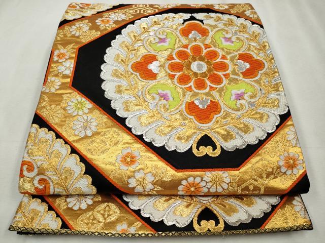 平和屋着物◎六通柄袋帯　唐織　蜀江正倉院花文　黒地　金銀糸　正絹　逸品　CABH8678qe