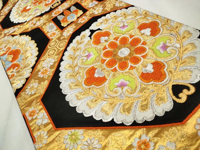 平和屋着物◎六通柄袋帯　唐織　蜀江正倉院花文　黒地　金銀糸　正絹　逸品　CABH8678qe