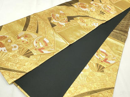 平和屋着物◎六通柄袋帯　唐織　扇面鳳凰花蝶文　黒地　金糸　正絹　逸品　CABH8680qe