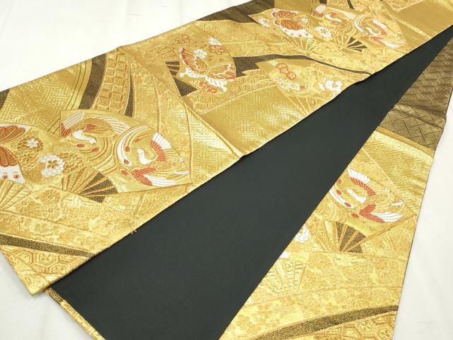 平和屋着物◎六通柄袋帯　唐織　扇面鳳凰花蝶文　黒地　金糸　正絹　逸品　CABH8680qe