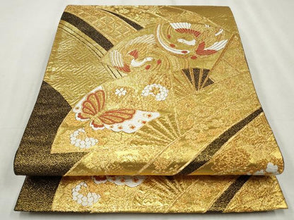 平和屋着物◎六通柄袋帯　唐織　扇面鳳凰花蝶文　黒地　金糸　正絹　逸品　CABH8680qe