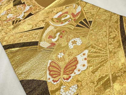 平和屋着物◎六通柄袋帯　唐織　扇面鳳凰花蝶文　黒地　金糸　正絹　逸品　CABH8680qe