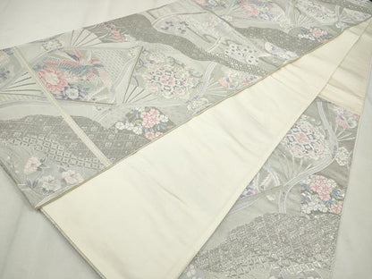 平和屋着物◎六通柄袋帯　唐織　扇面鳳凰花文　九百錦　プラチナ箔　正絹　逸品　CABH8697qe