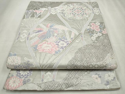 平和屋着物◎六通柄袋帯　唐織　扇面鳳凰花文　九百錦　プラチナ箔　正絹　逸品　CABH8697qe