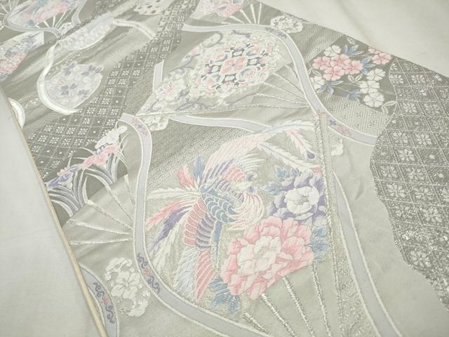 平和屋着物◎六通柄袋帯　唐織　扇面鳳凰花文　九百錦　プラチナ箔　正絹　逸品　CABH8697qe