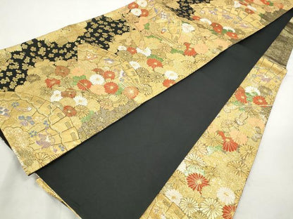 平和屋着物◎六通柄袋帯　唐織　檜扇宝尽し花文　彩艶錦　黒地　金糸　正絹　逸品　CABH8731qe
