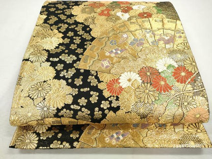 平和屋着物◎六通柄袋帯　唐織　檜扇宝尽し花文　彩艶錦　黒地　金糸　正絹　逸品　CABH8731qe
