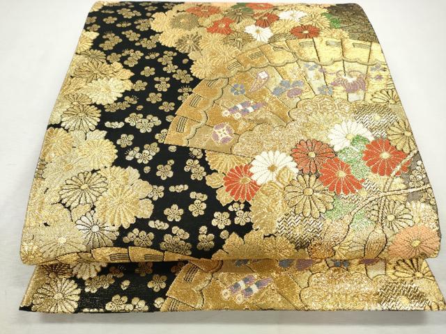 平和屋着物◎六通柄袋帯　唐織　檜扇宝尽し花文　彩艶錦　黒地　金糸　正絹　逸品　CABH8731qe