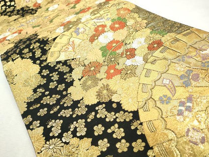 平和屋着物◎六通柄袋帯　唐織　檜扇宝尽し花文　彩艶錦　黒地　金糸　正絹　逸品　CABH8731qe