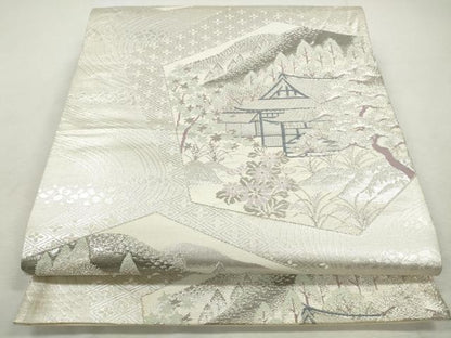 平和屋着物◎六通柄袋帯　唐織　風景文　プラチナ純銀箔二重織　正絹　逸品　CABH8732qe