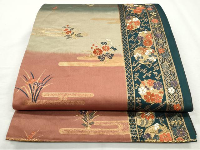 平和屋着物◎六通柄袋帯　唐織　エ霞草花文　金糸　正絹　逸品　CABH8740qe