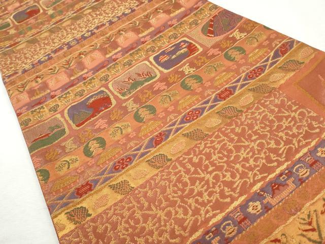 平和屋着物◎六通柄袋帯唐織　横段動物松竹梅　金糸　正絹　逸品　CABH8741qe