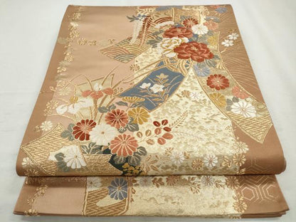 平和屋着物◎六通柄袋帯　唐織　短冊草花文　金糸　正絹　逸品　CABH8742qe