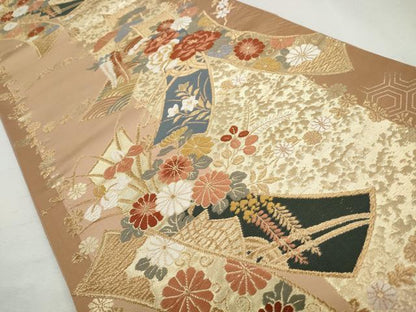 平和屋着物◎六通柄袋帯　唐織　短冊草花文　金糸　正絹　逸品　CABH8742qe