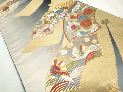 平和屋着物◎六通柄袋帯　地紙鴛鴦花蝶文　金銀糸　正絹　逸品　CABH8744qe