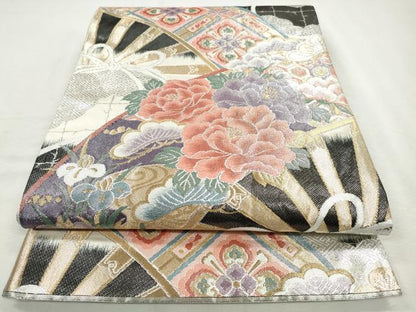 平和屋着物◎佐賀錦　六通柄袋帯　扇面草花文　金銀糸　正絹　逸品　CABH8750qe