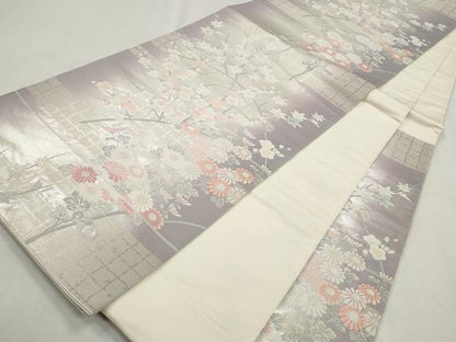 平和屋着物◎六通柄袋帯　唐織　草花文　銀糸　引箔　正絹　逸品　CABH8759qe