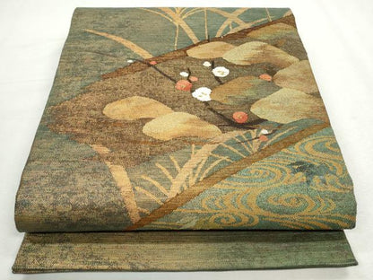 平和屋着物◎太鼓柄袋帯　刺繍　流水松竹梅　金糸　正絹　逸品　CABH8761qe