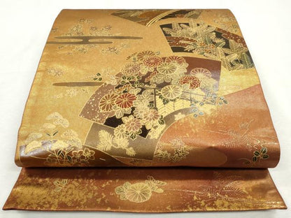 平和屋着物◎六通柄袋帯　彩華雅扇文　金彩　引箔　正絹　逸品　CABH8764qe