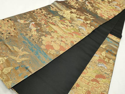 平和屋着物◎六通柄袋帯　飛鶴風景草花文　金銀糸　正絹　逸品　CABH8766qe