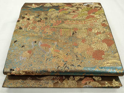 平和屋着物◎六通柄袋帯　飛鶴風景草花文　金銀糸　正絹　逸品　CABH8766qe
