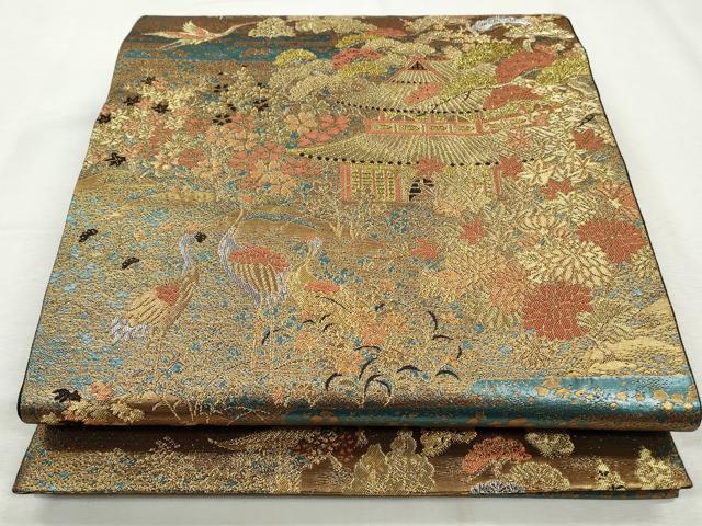 平和屋着物◎六通柄袋帯　飛鶴風景草花文　金銀糸　正絹　逸品　CABH8766qe