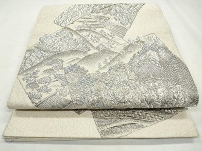 平和屋着物◎太鼓柄袋帯　色紙風景文　銀糸　正絹　逸品　CABH8767qe