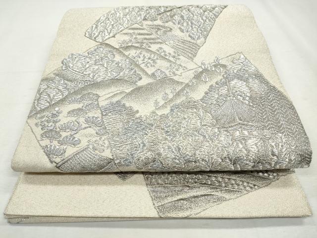 平和屋着物◎太鼓柄袋帯　色紙風景文　銀糸　正絹　逸品　CABH8767qe