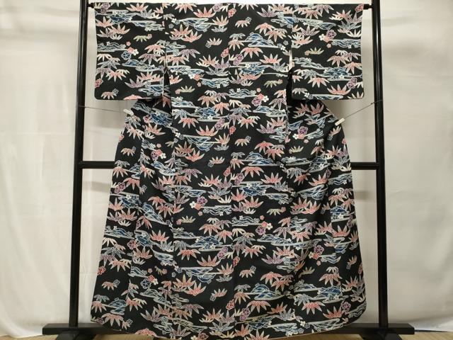 平和屋着物■上質な紬　型染め　笹梅文　黒地　正絹　逸品　CABH8801ev