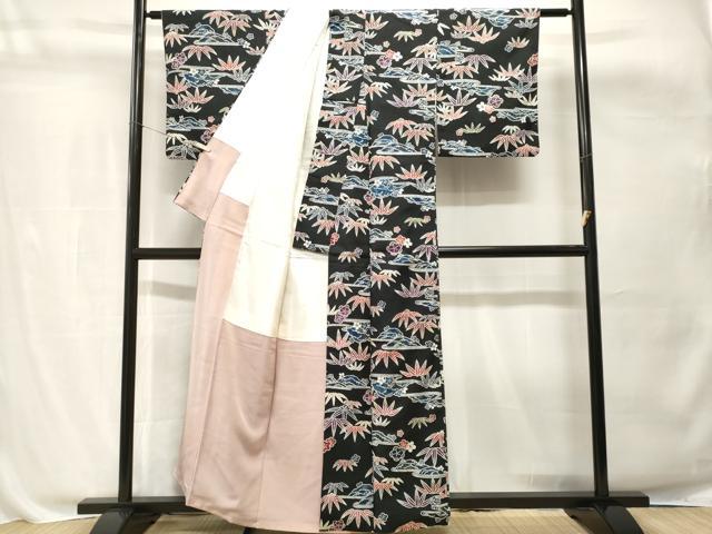 平和屋着物■上質な紬　型染め　笹梅文　黒地　正絹　逸品　CABH8801ev
